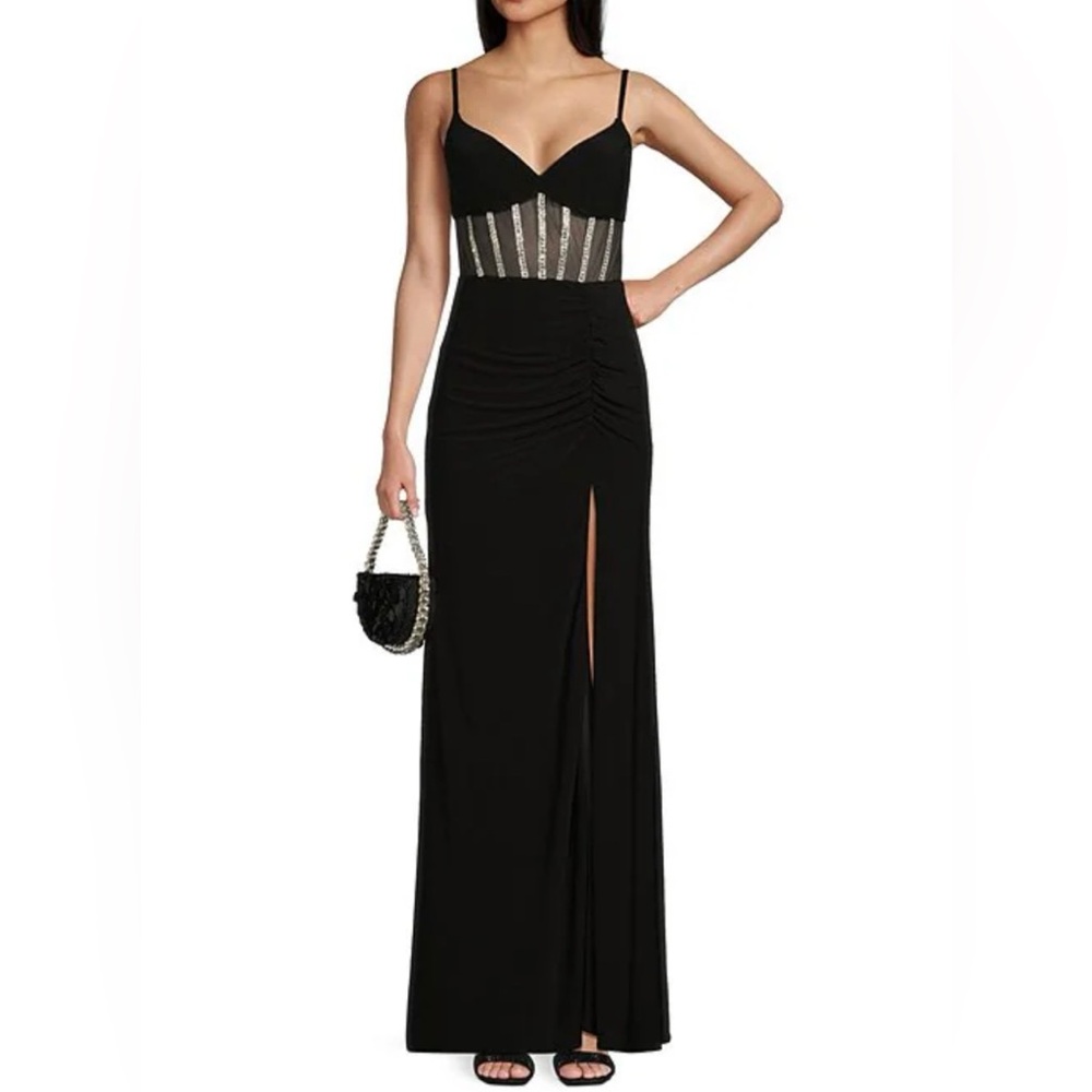 Morgan & Co. Rhinestone Trim Mesh Corset Bodice Ruched Side Slit Long Dress